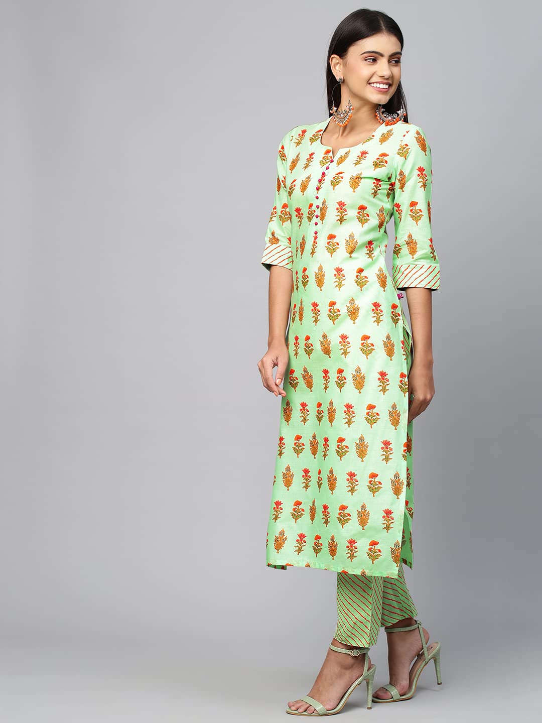 ANNI DESIGNER Women's Cotton Blend Straight Printed Kurta with Pant (Carto)