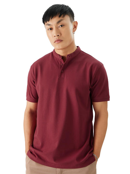 The Souled Store Solids: Rhubarb Men and Boys Short Sleeve Collared Neck Cotton Blend Regular Fit Mandarin Polos