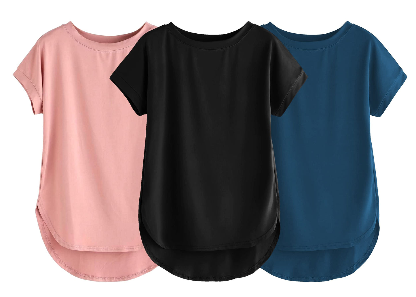 Fabricorn Combo Of Three Plain Black, Dusty Rose And Airforce Blue Round Neck Up And Down Cotton Tshirt For Women (Black, Dusty