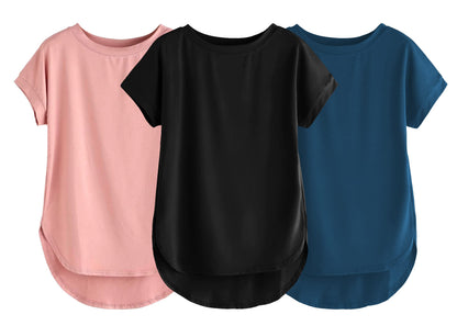 Fabricorn Combo Of Three Plain Black, Dusty Rose And Airforce Blue Round Neck Up And Down Cotton Tshirt For Women (Black, Dusty