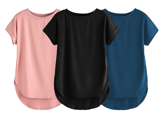 Fabricorn Combo Of Three Plain Black, Dusty Rose And Airforce Blue Round Neck Up And Down Cotton Tshirt For Women (Black, Dusty