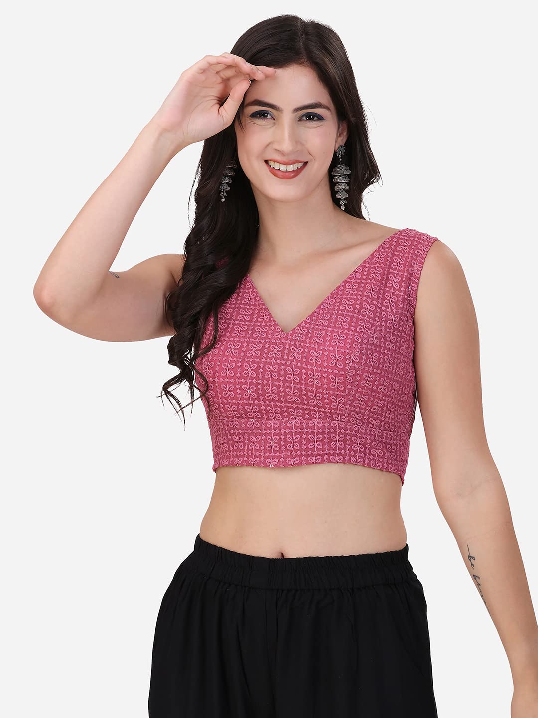 OOMPH! Womens Indian Ethnic Wear Designer Square Leaf Pattern V Neck Sleeveless Cotton Rose Pink Blouse for Saree or Lehnga and