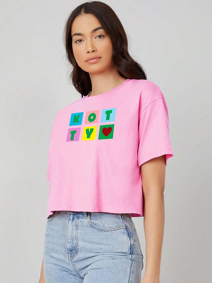 Kotty WomenS Round Neck Printed Cotton Blend Oversized Crop T-Shirts