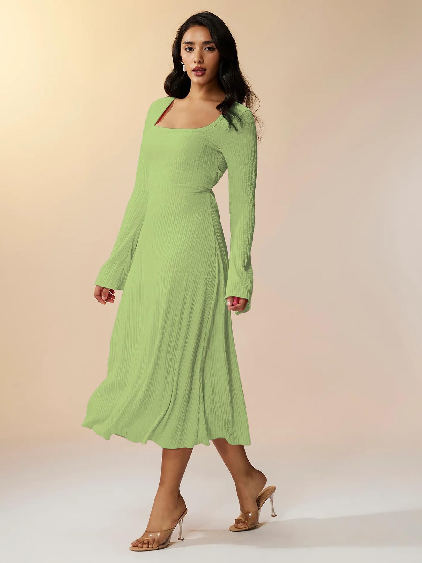 Shasmi Womens Green Square Neck A-Line Dress  Long Sleeve, Tie Waist, Knitted Stretchable, Casual & Office Outfit, Solid Winter