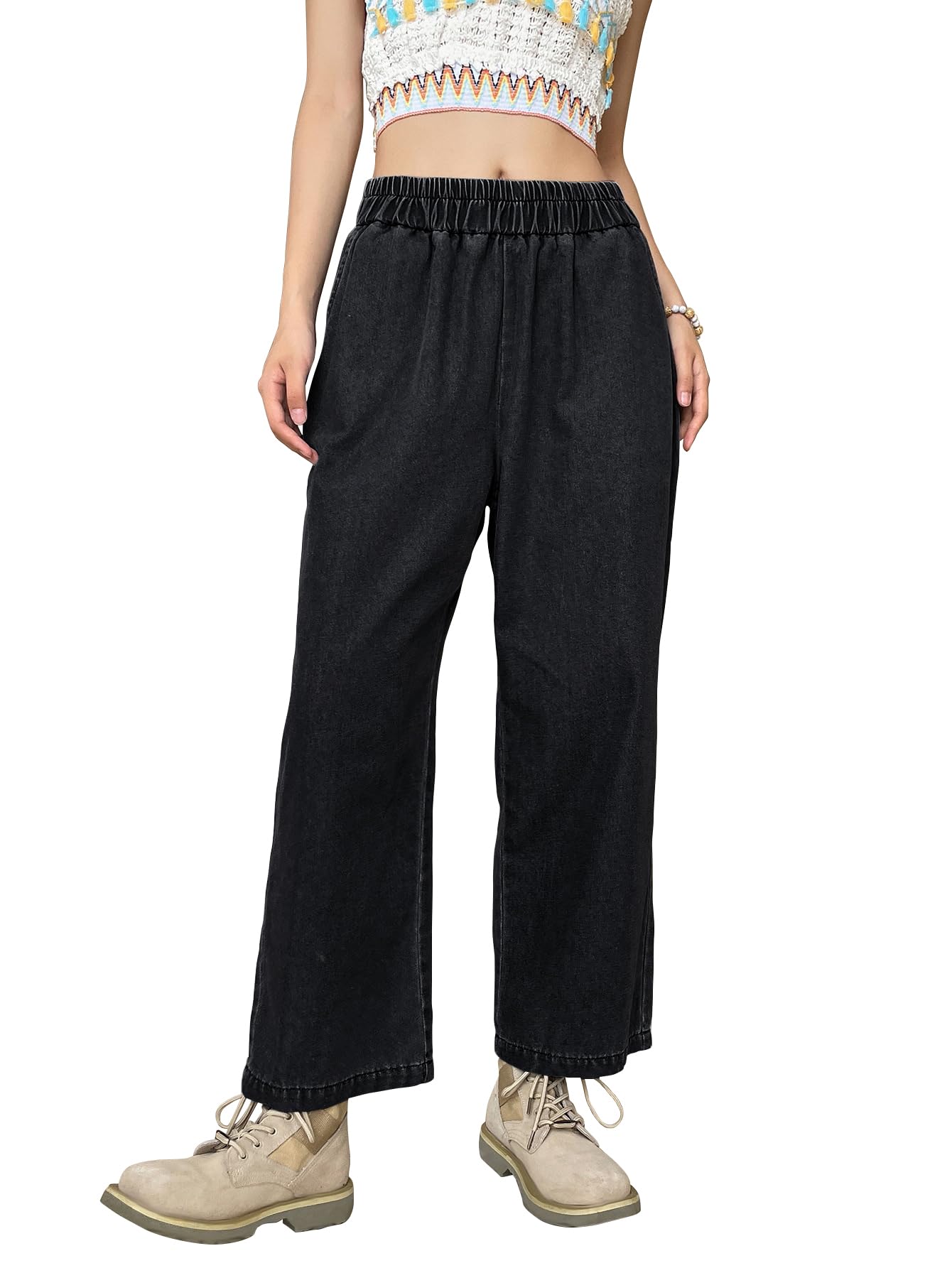 Sugathari Womens Black Denim Cotton Elastic Waist Cropped Straight Ankle Length Wide Leg Casual Baggy Jeans for Women, Trousers