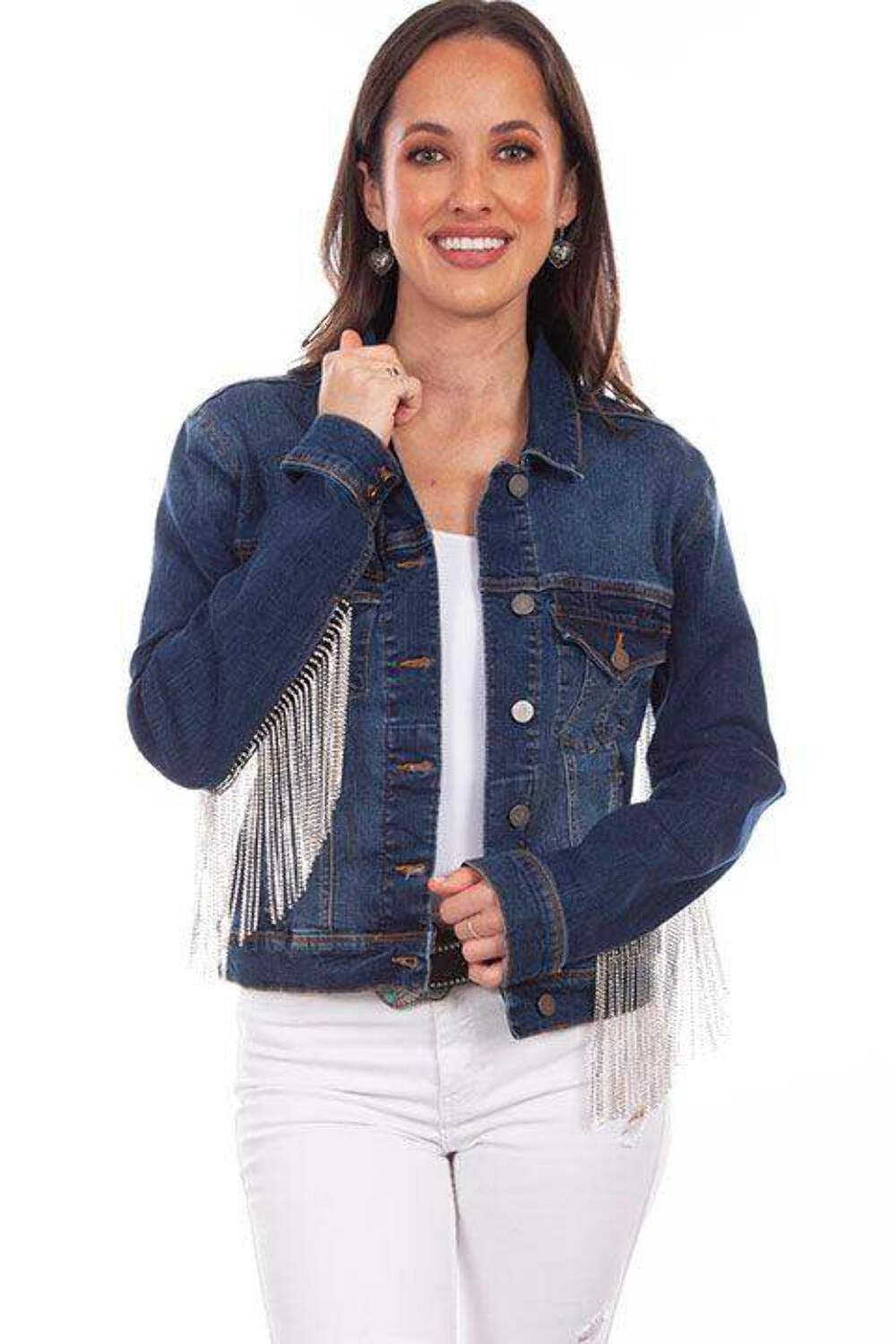Western Cut Denim Jacket with Rhinestone Fringe