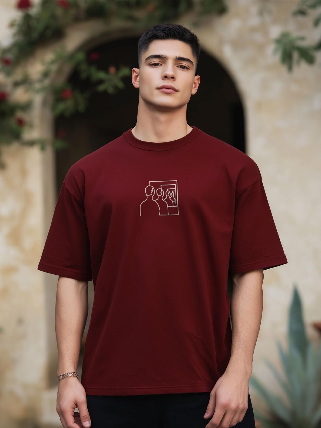 Nobero MenS Graphic Print Oversized Fit T-Shirt (1M-Twrt-C1005-Bs_Find Oneself-Wine Red