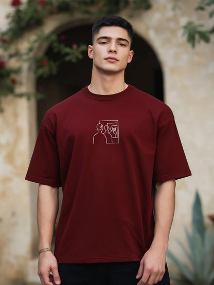 Nobero MenS Graphic Print Oversized Fit T-Shirt (1M-Twrt-C1005-Bs_Find Oneself-Wine Red