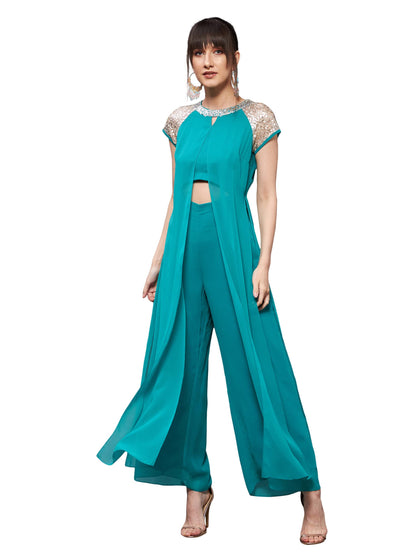Miss Chase Womens Round Neck Raglan Sleeve Layered Regular Jumpsuit (MCSS24D97-50-33-03, Turquoise, S)