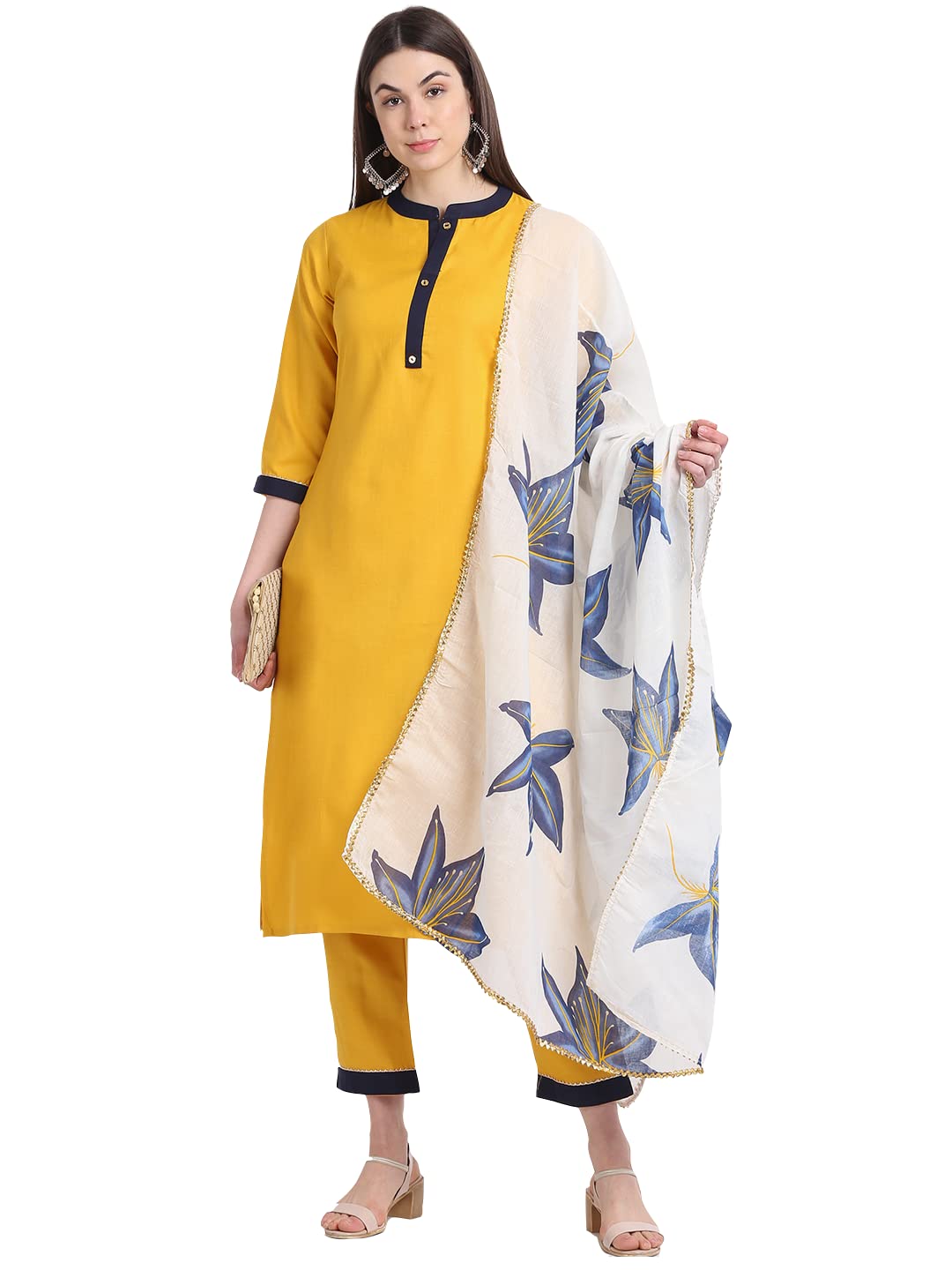 ANNI DESIGNER Women's Cotton Blend Straight Kurta with Palazzo & Dupatta (SUNKI)