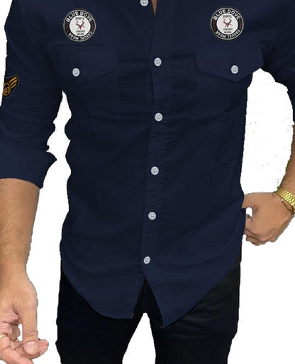 Kadiyu Double Pocket MenS Casual Fit Formal Shirt - Stylish And Comfortable Dress Shirt For Work And Everyday Wear Blue