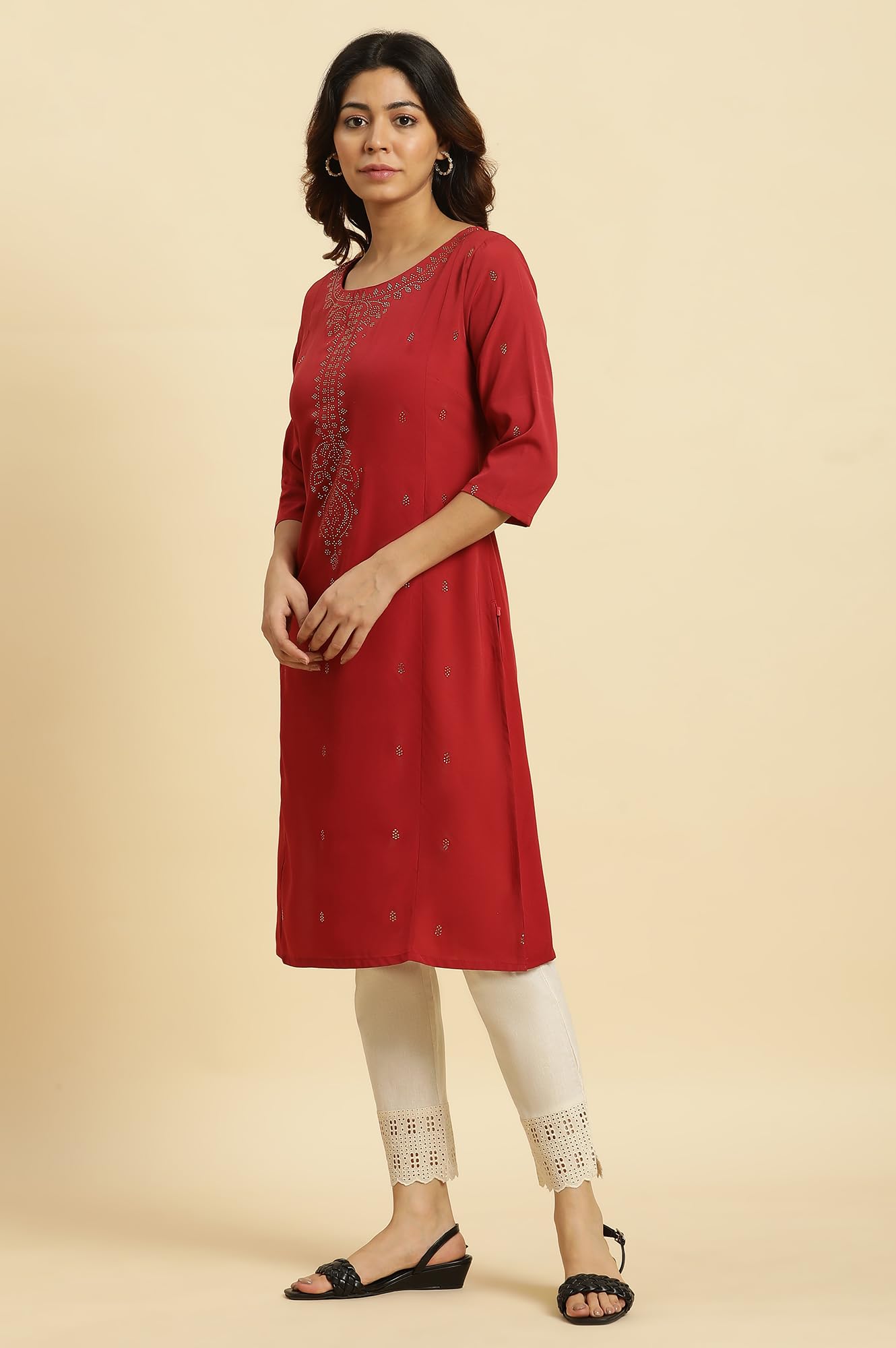W for Woman Womens Polyester Polka Dot Regular Kurta (23AUSTKW10467-119293_Deep Red