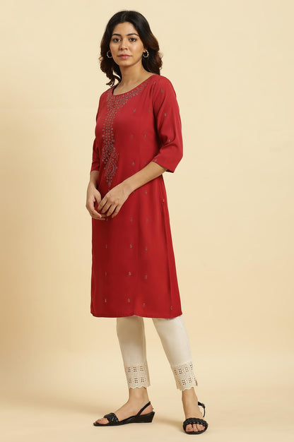 W for Woman Womens Polyester Polka Dot Regular Kurta (23AUSTKW10467-119293_Deep Red