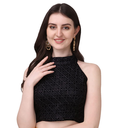 Pujia Mills WomenS Black Sleeveless Blouse For Women Halter Neck Chickenkari Sequins Work Readymade Saree Blouse (Diamond Halte