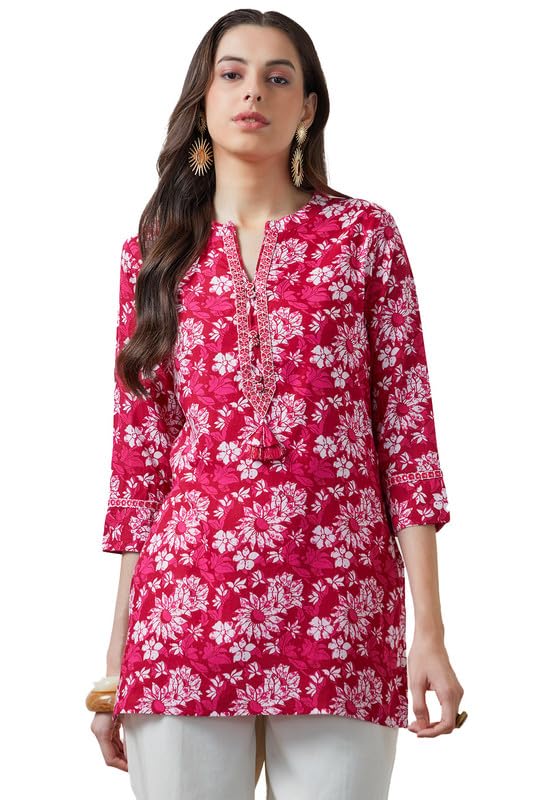 Soch Womens Fuchsia Floral Print Rayon Tunic with Faux Mirror