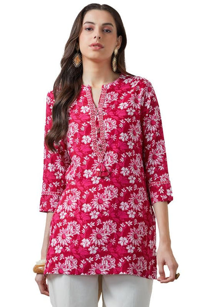 Soch Womens Fuchsia Floral Print Rayon Tunic with Faux Mirror