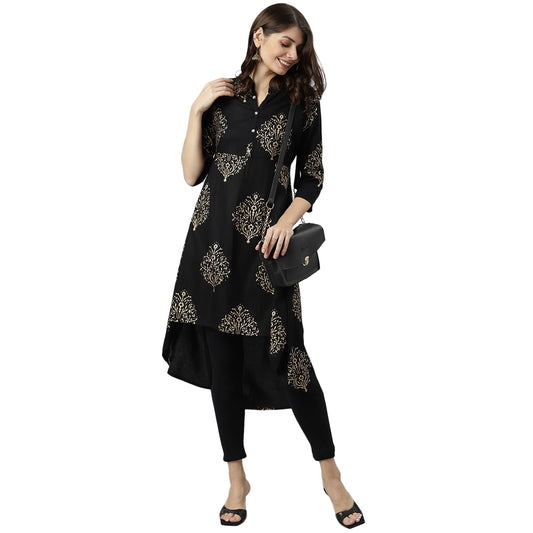 Gosriki Women Rayon A-Line Printed Kurta (Zayoki Black_S-Go_Black_Small)