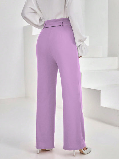 Shasmi Womens Purple Solid Color High Waisted Belted Toothpick Stripe Design Straight Loose Casual Women Pants, Minimalist Styl