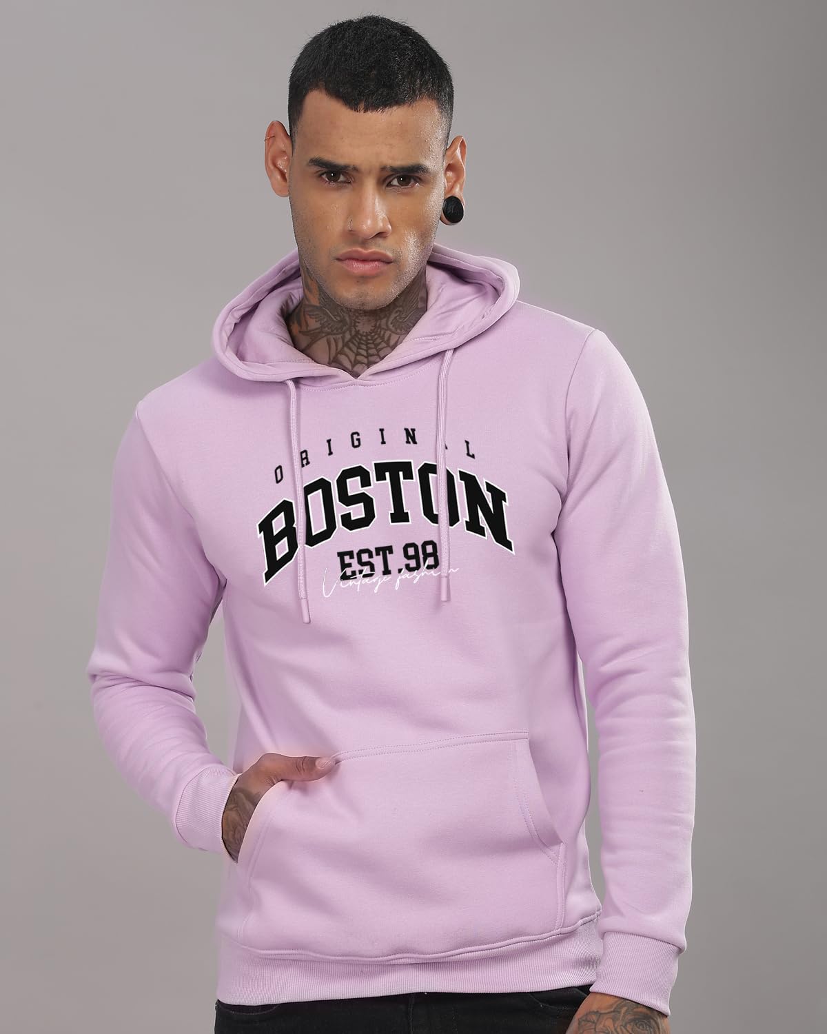 ADRO Men's Cotton Neck Hooded Sweatshirt (H24-BOST-PU_Lavender