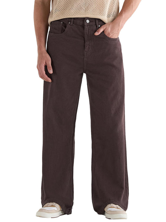 Bewakoof Mens Solid Wide Leg Cotton Baggy Jeans_624689_Brown_28