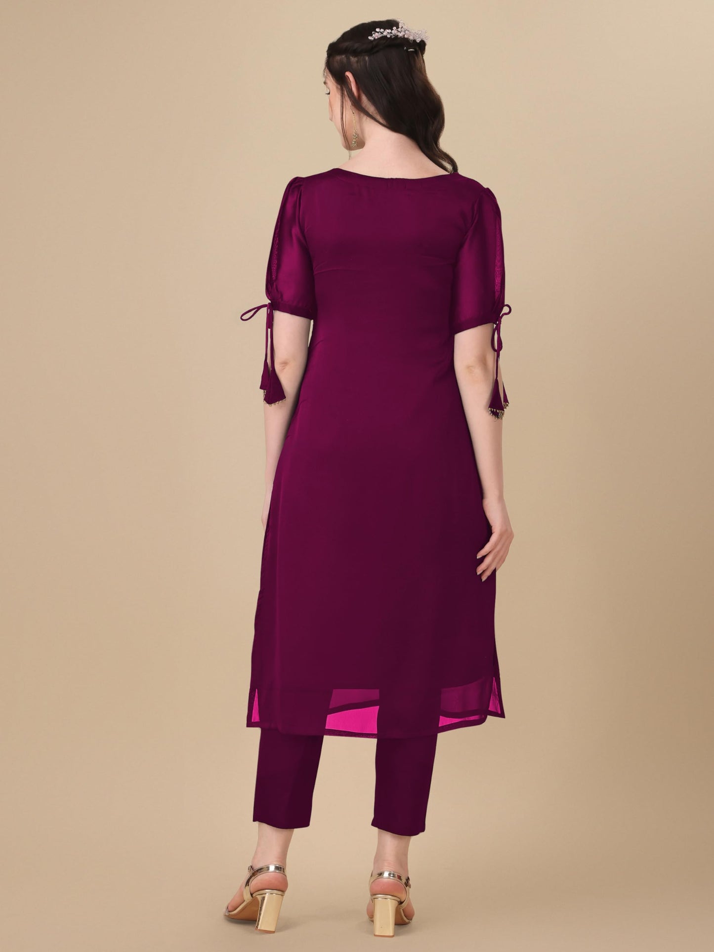 Goroly WomenS Silk Blended Solid Embroidered Pattern Straight Cut Kurta Pant With Puff Sleeve V-Neck Ankle Length And A-Line St
