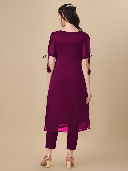 Goroly WomenS Silk Blended Solid Embroidered Pattern Straight Cut Kurta Pant With Puff Sleeve V-Neck Ankle Length And A-Line St