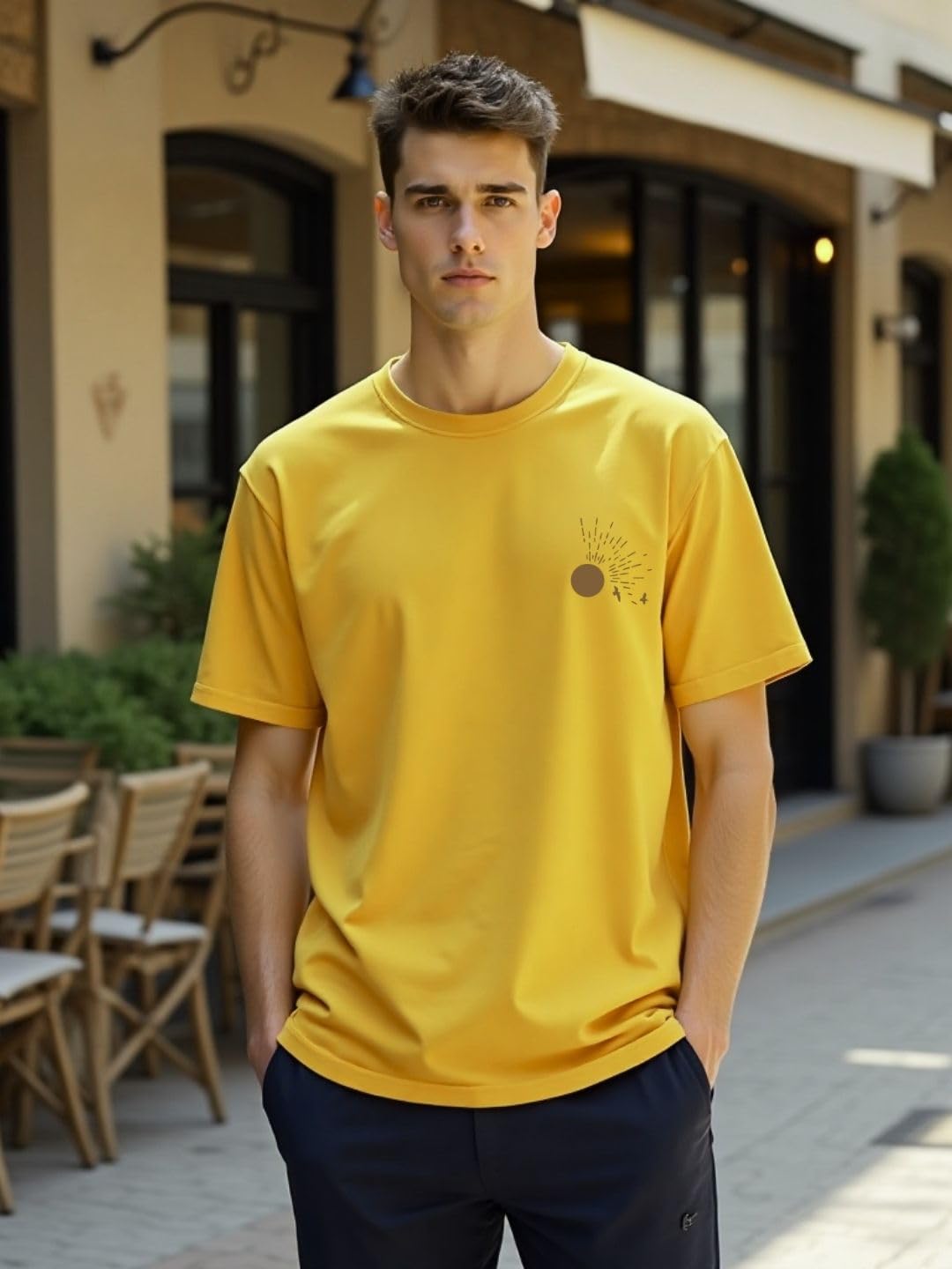 Nobero Men Cotton Graphic Print Oversized Fit T-Shirt (1M-Twrt-C1092_Mustard Yellow