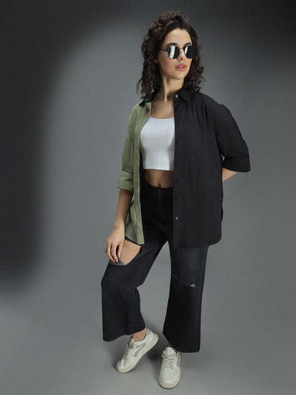 High Star Classic Oversized Colourblocked Spread Collar Long Sleeves Cotton Casual Shirt