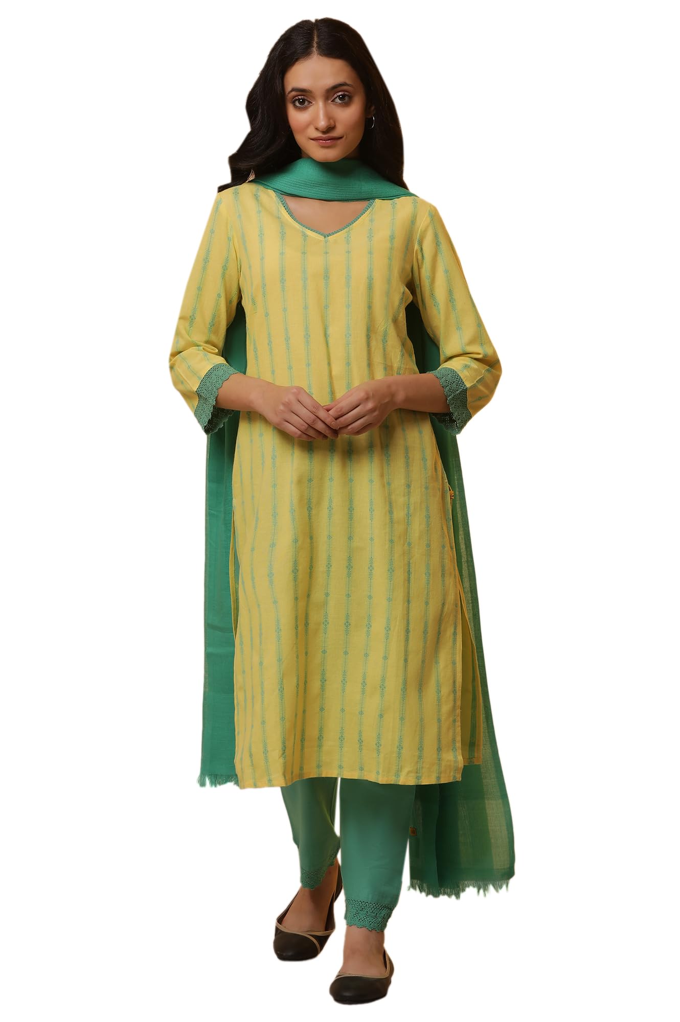 Aurelia Yellow Cotton Vertical Striped Women'S Kurta Dupatta Bottomwear