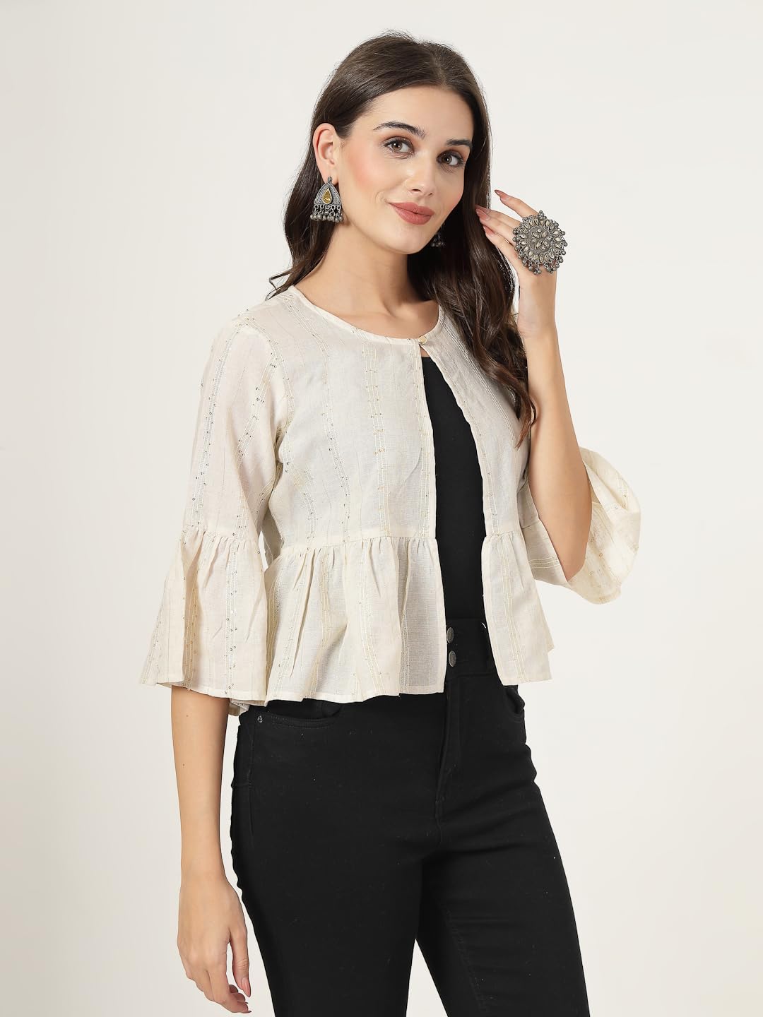 Style Quotient Women Solid Texture Ivory Peplum Fit Open Front Waist Length Shrug