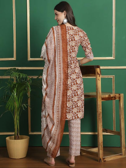 Pinkmint Salwar Suit Set For Women Flower Printed Halter V Neck Kurta With Trouser With Dupatta Ready To Wear Wedding