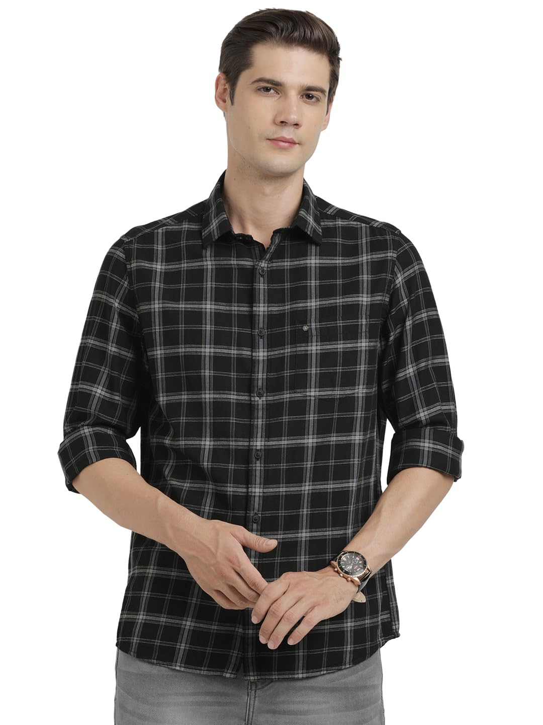 Turtle Men Cotton Melange Slim Fit Black Casual Shirt
