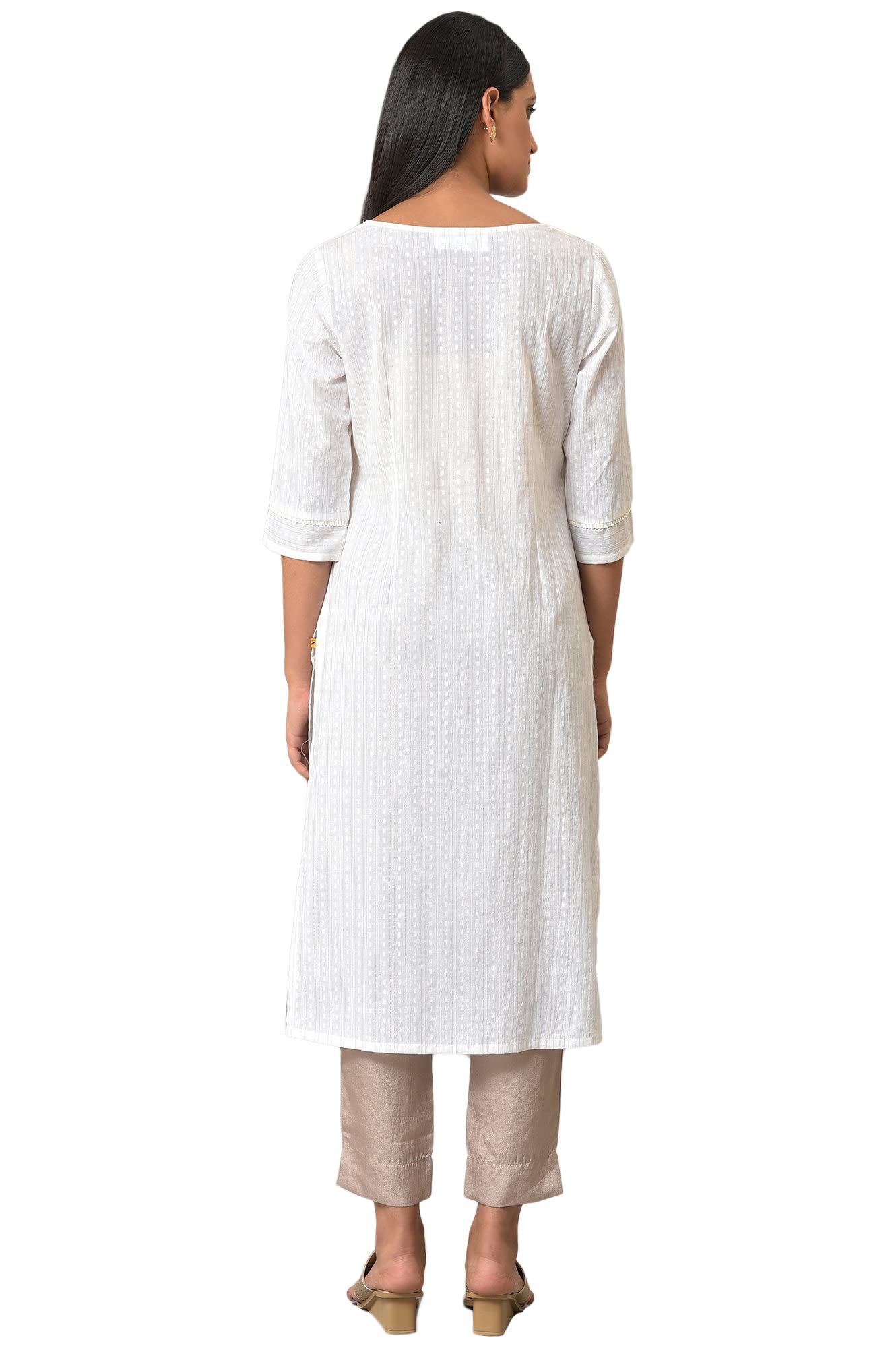 Aurelia White Self-Design Cotton Straight Long Kurta For Women