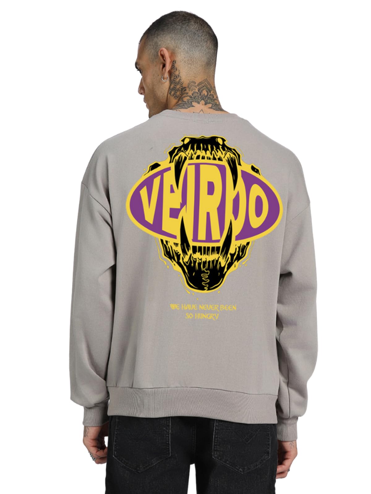 Veirdo Mens Cotton Fleece Regular Fit High Round Neck with Rib Back Graphic Printed Sweatshirt
