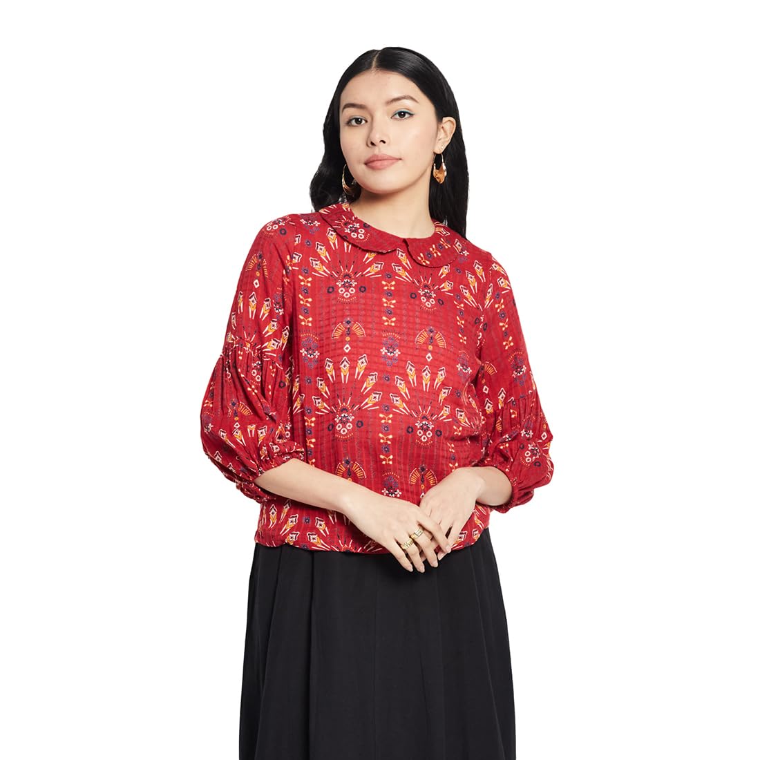 Fabindia WomenS Geometric Regular Fit Blouse (10708744_Red Xl)