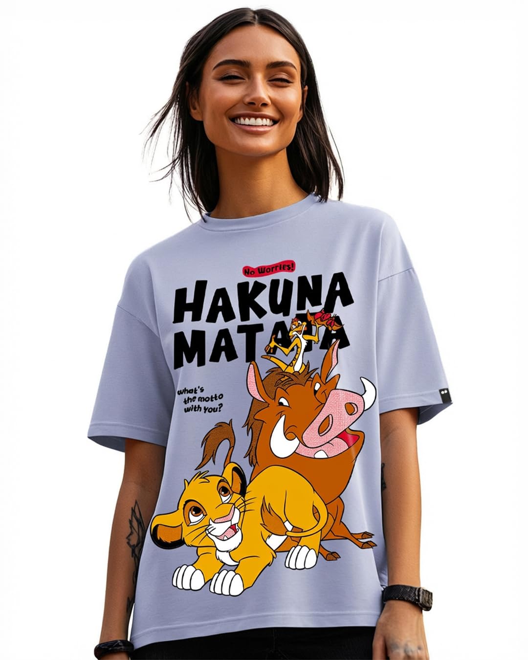 Bewakoof Official Disney Merchandise Hakuna Matata Womens Graphic Printed Oversized Fit Half Sleeve Round Neck Cotton T-Shirt_6