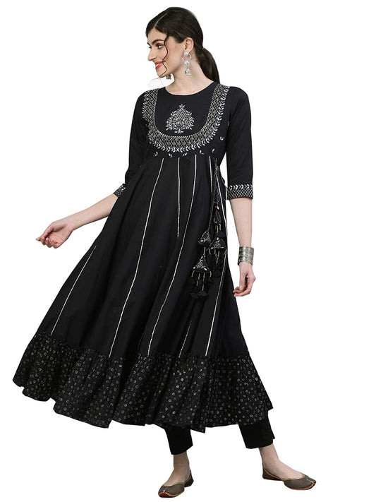 ishin Women's Cotton Anarkali Embellished Beads and Stones Ethnic Motifs Print Blue Kurti