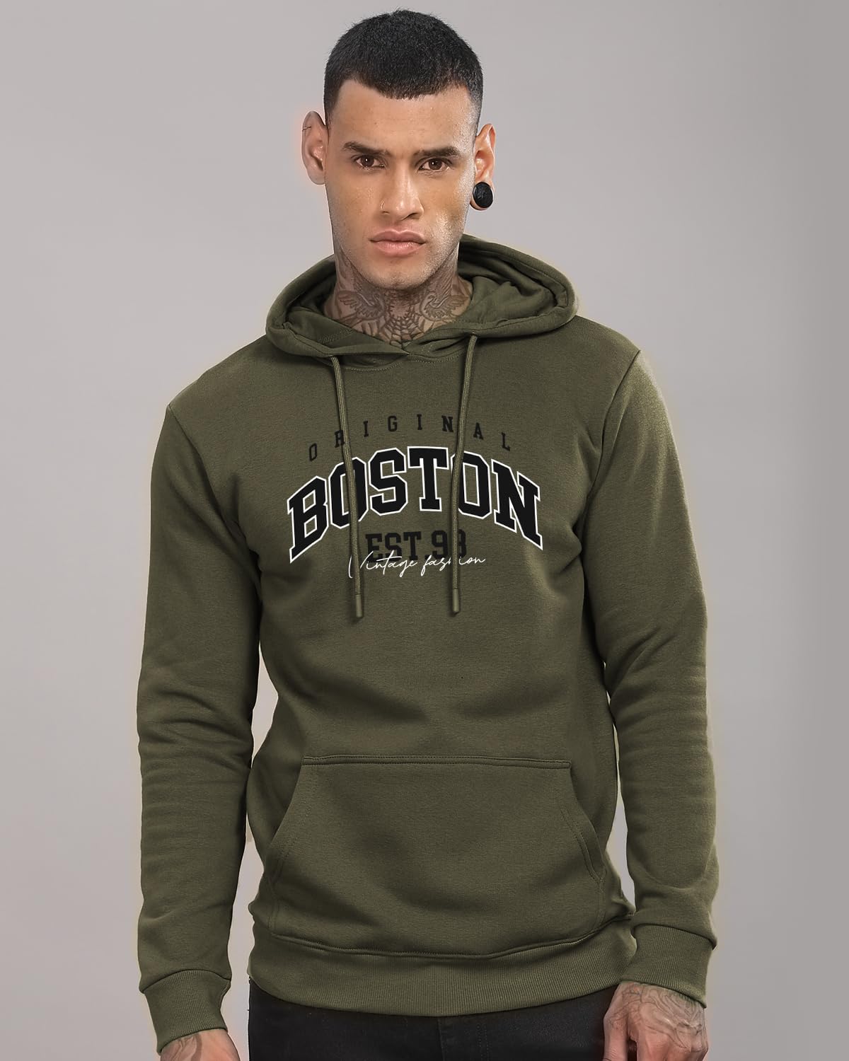 ADRO Men's Cotton Neck Hooded Sweatshirt (H24-BOST-OL_Olive