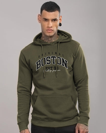 ADRO Men's Cotton Neck Hooded Sweatshirt (H24-BOST-OL_Olive