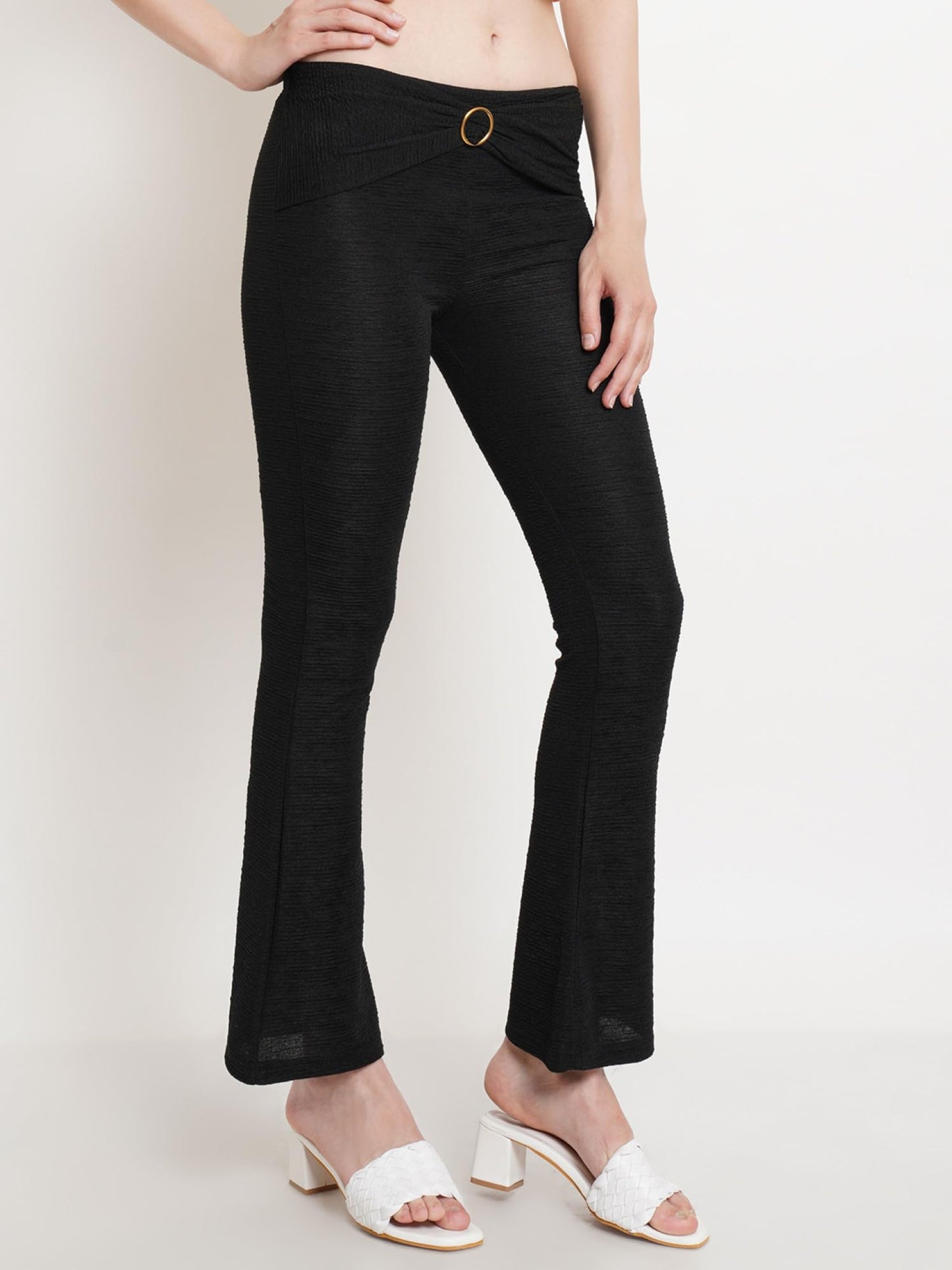 POPWINGS Casual Self Design Crush Bootcut Front Ring Trouser for Women || Pull On Regular Fit Bootcut Women Trouser for Summer |