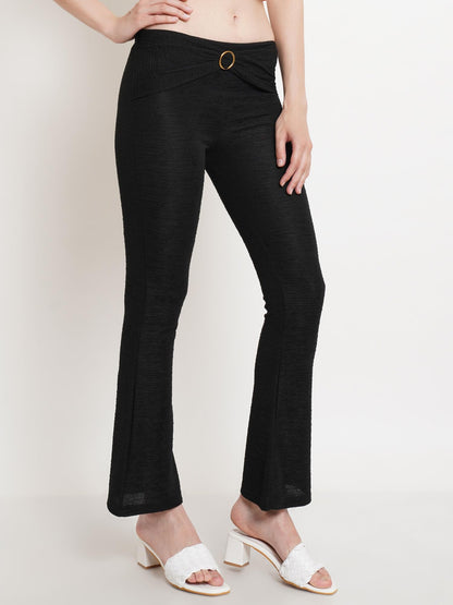 POPWINGS Casual Self Design Crush Bootcut Front Ring Trouser for Women || Pull On Regular Fit Bootcut Women Trouser for Summer |