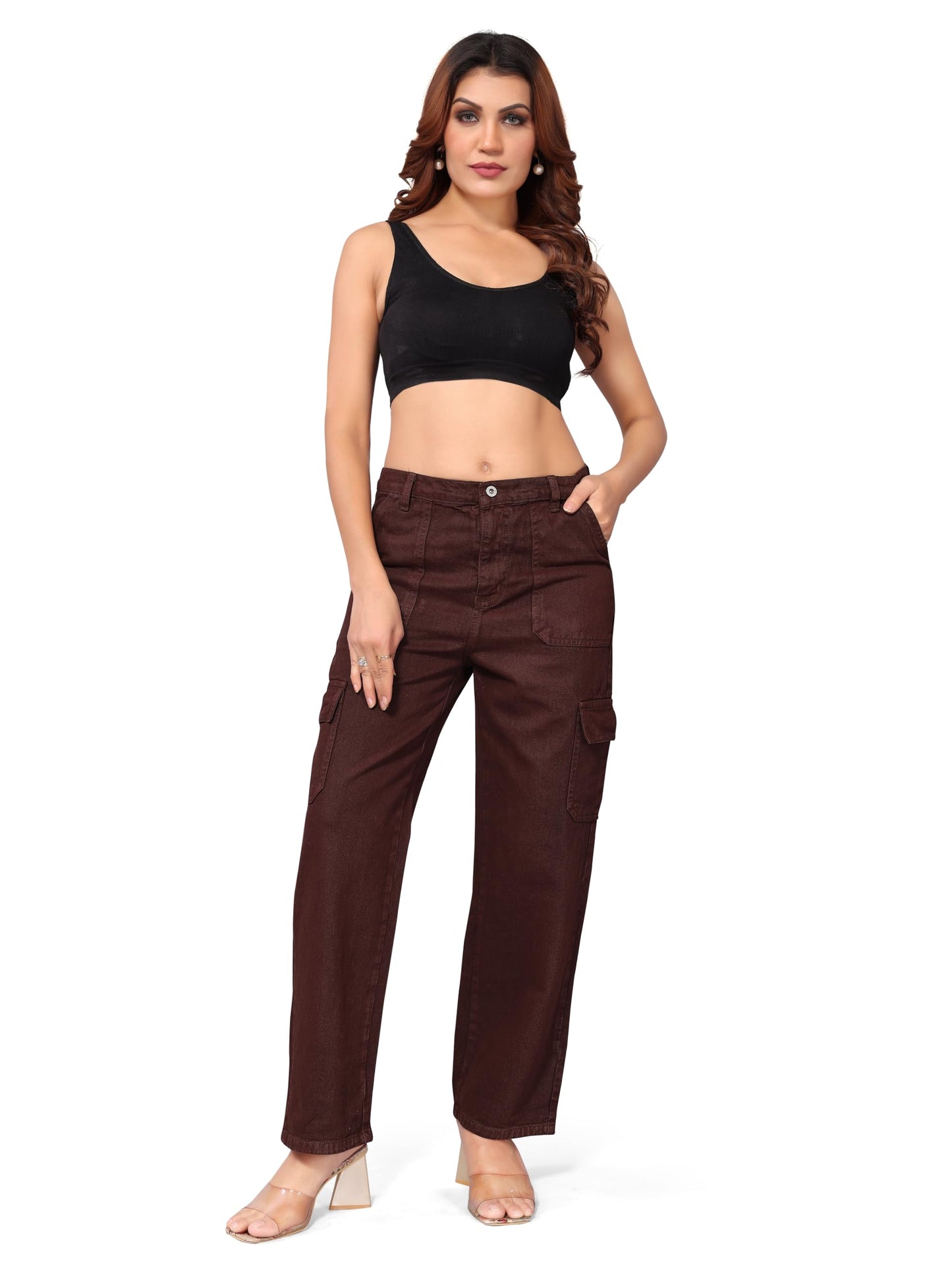 ELLITI Womens 6 Pocket Regular Fit High Rise Relaxed/Boyfriend Fit, Wide Leg, Bell Bottom, Pure Denim Ankle Length Jeans Pants