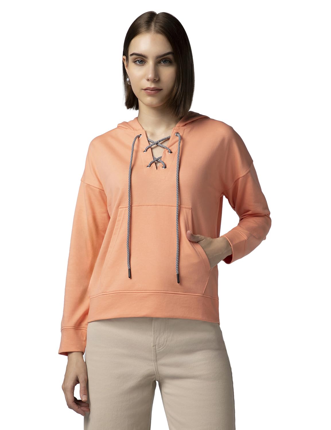 FYLTR Womens Drop Shoulder Hoodie with Lace Up Neck Detailing & Contrast Drawcord