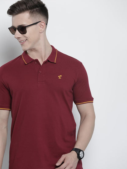 The Indian Garage Co Men Slim Fit Solid Polo Collar Tshirt Dark Red