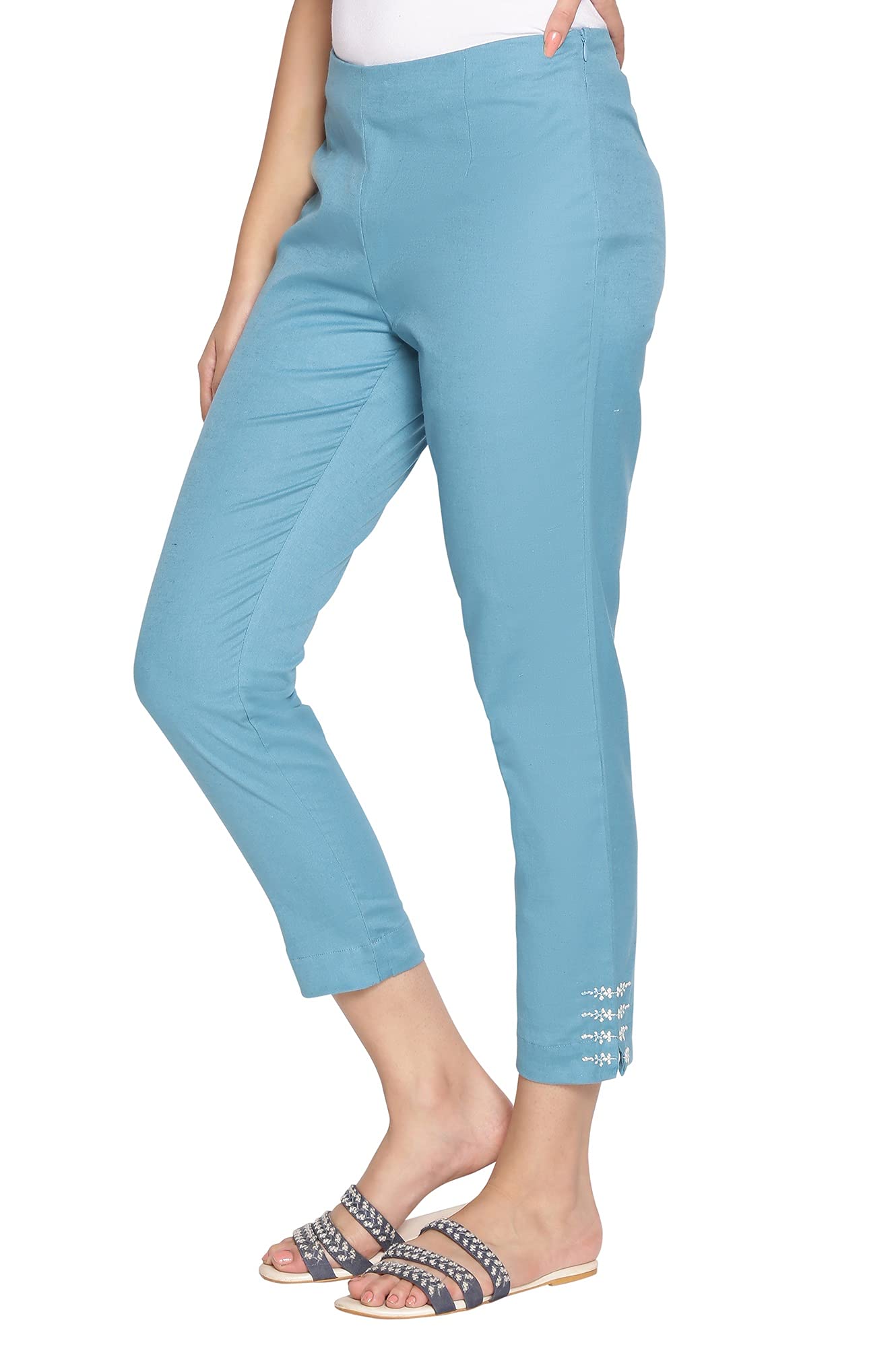 W for Woman W Cotton Blend Strechable Slim Pants for Women | Cotton Blend Slim Pants for Women | Trousers for Women Blue