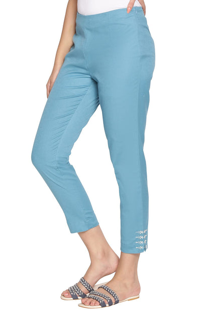 W for Woman W Cotton Blend Strechable Slim Pants for Women | Cotton Blend Slim Pants for Women | Trousers for Women Blue
