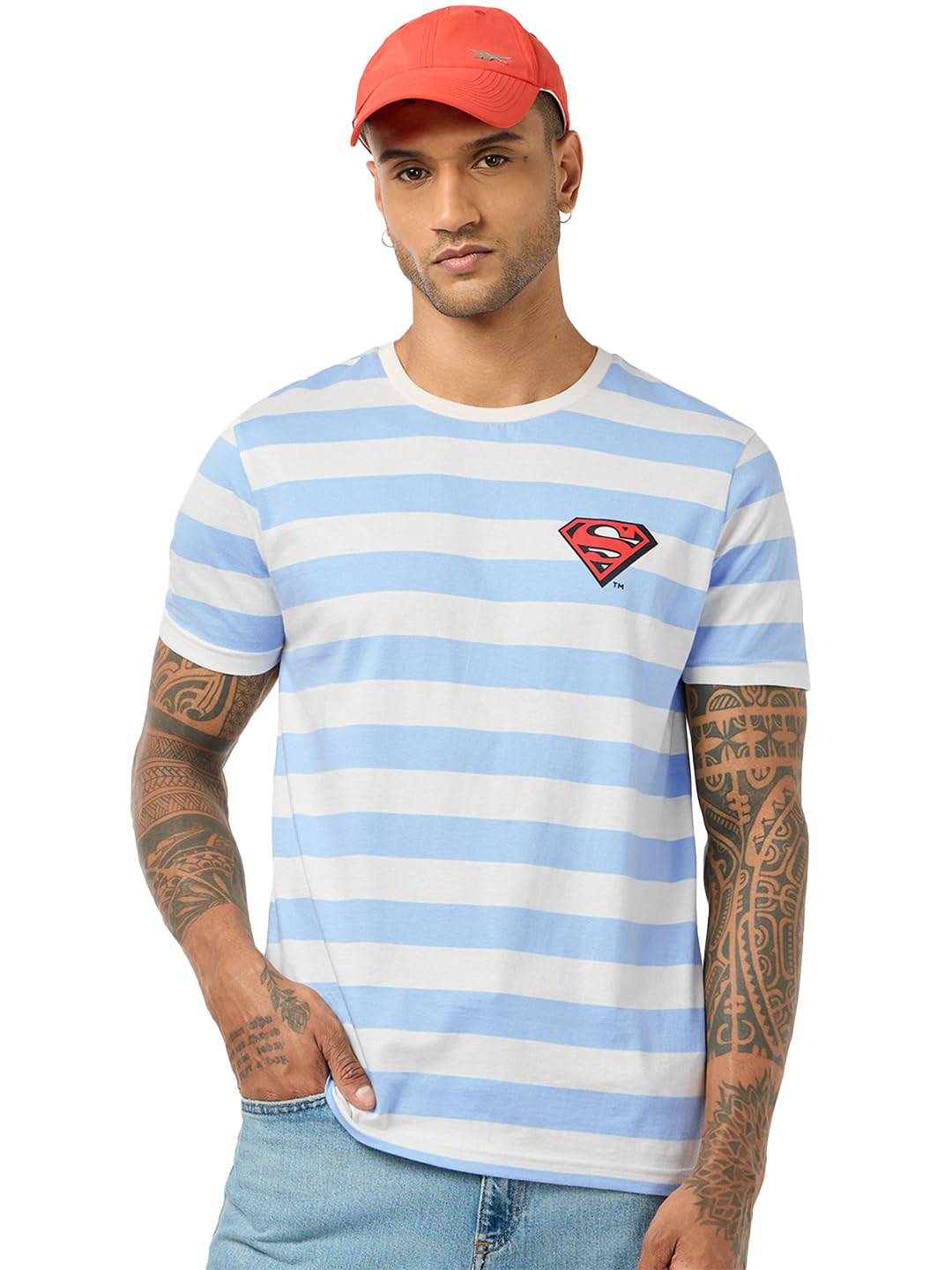 Bewakoof Official DC Merchandise Superman Mens Striped Regular Fit Half Sleeve Round Neck Cotton T-Shirt_685365_Blue_S
