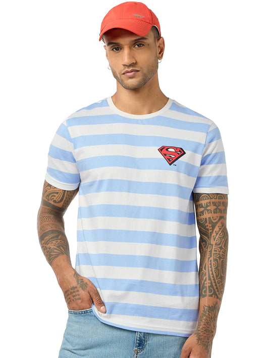 Bewakoof Official DC Merchandise Superman Mens Striped Regular Fit Half Sleeve Round Neck Cotton T-Shirt_685365_Blue_S