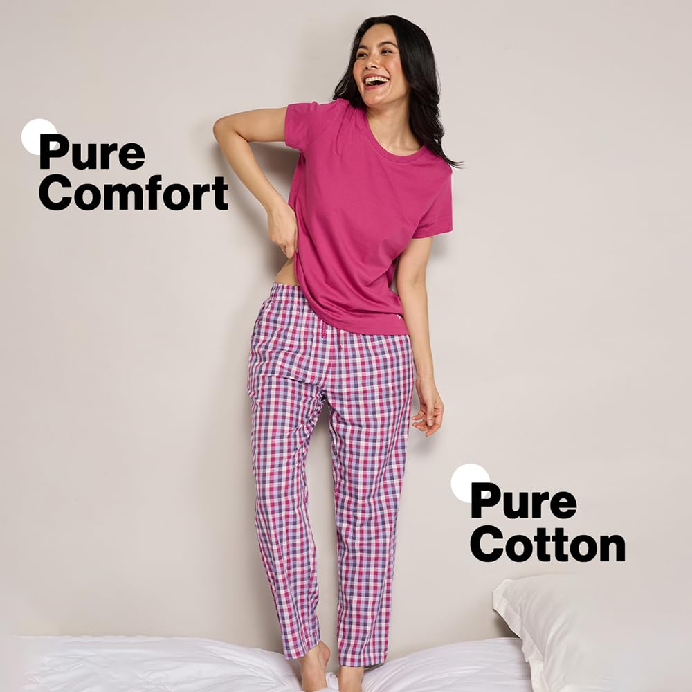 NYKD (NYS141 Checked Pure Cotton Pyjama Sleepwear Pants for Women | Relaxed Fit with Non-Slip Elasticated Waistband, Adjustable