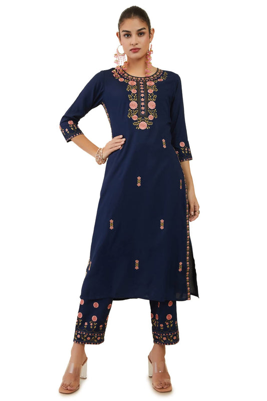 Soch Womens Navy Blue Rayon Floral Embroidered Kurta Set